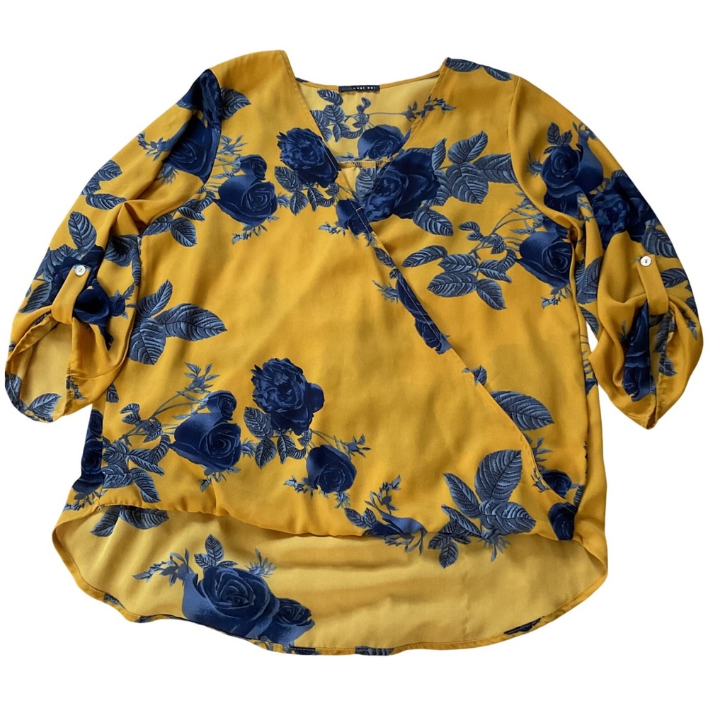 West Kei Mustard Yellow Navy Blue‎ Floral Rose Wrap Surplice Blouse 3/4 Sleeve